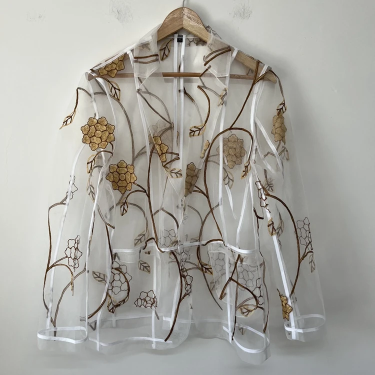 金色刺绣透视网纱原创设计师男装个性叠穿百搭休闲外套西服装