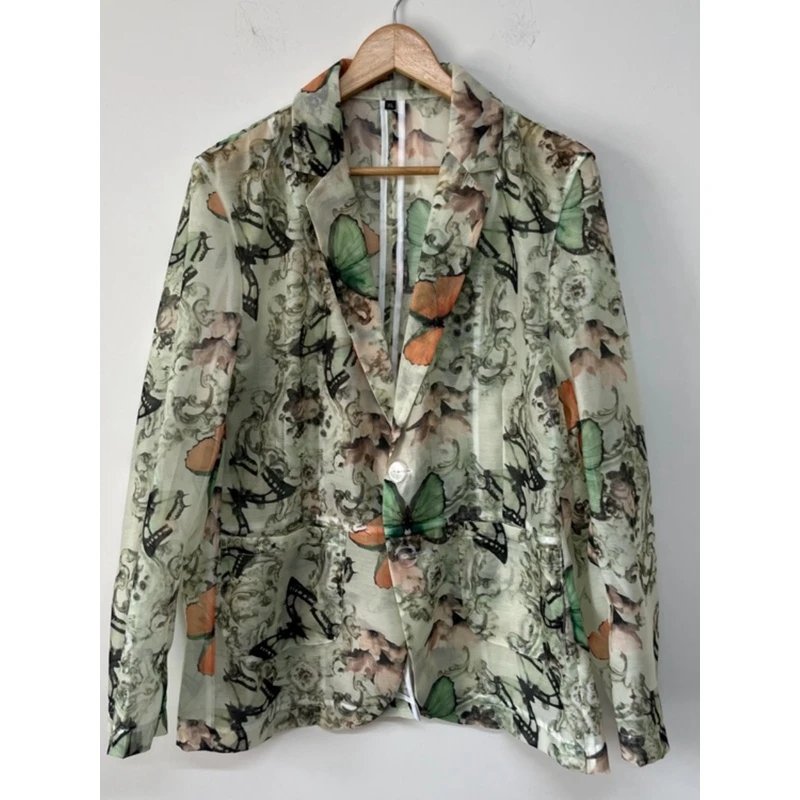 复古蝴蝶印花半透视欧根纱原创设计师男装防晒叠穿休闲外套西服装