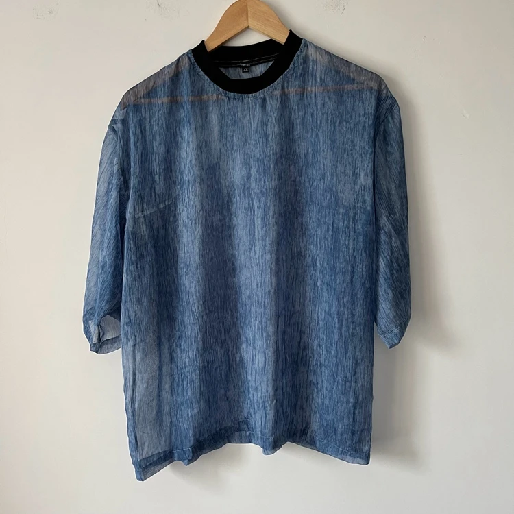 蓝色斑驳条纹水墨半透视垂感雪纺性冷淡禅意男套装宽松短袖T恤