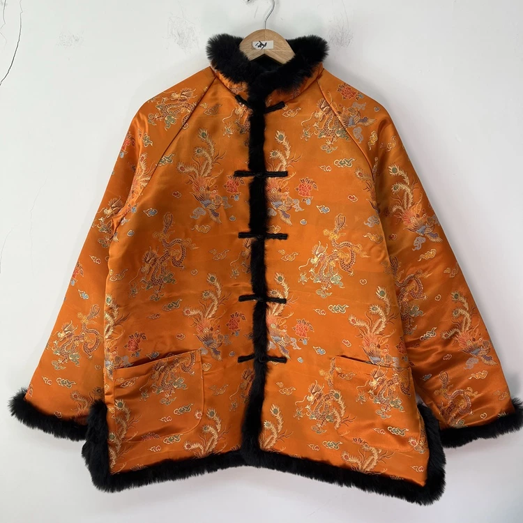 橘色龙凤呈祥人造毛拜年吉服中国风盘扣一字扣潮流汉服男装唐装