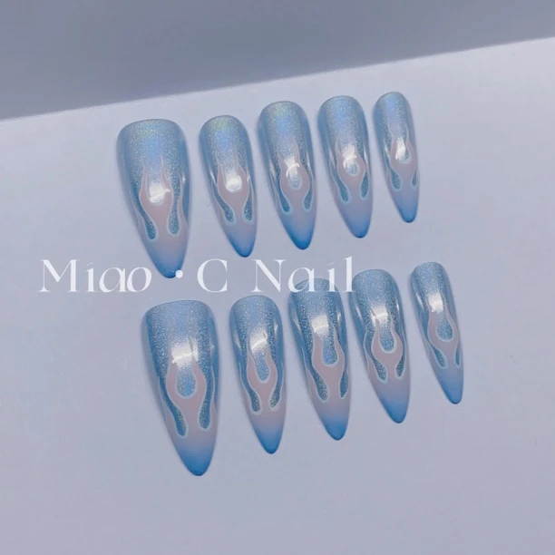 【镭射火焰】Miao.C高品质小众纯手绘蓝色镭射渐变火焰欧美风穿戴甲