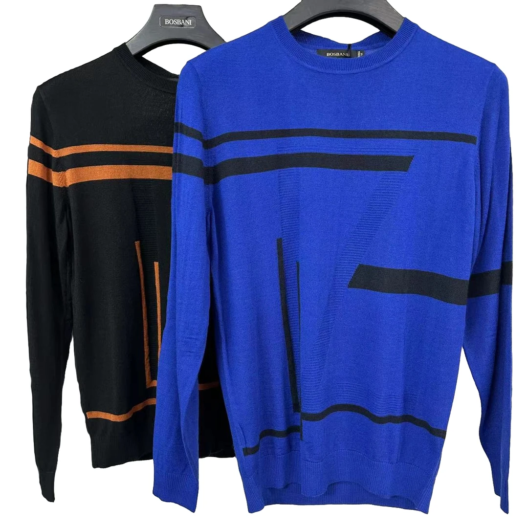 9626007圆领印花潮流百搭条纹春秋季男士时尚针织长袖撞色羊毛衫