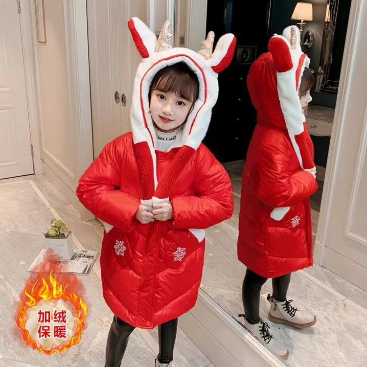 【专柜品质】女童中大童加绒加厚棉衣会动的耳朵棉服中长款棉袄红色