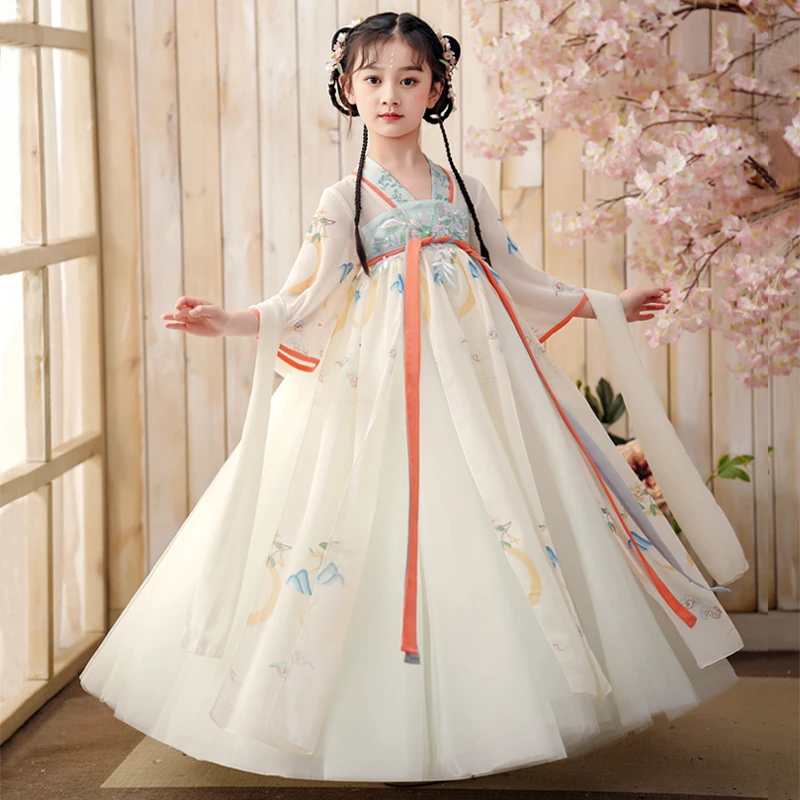 汉服超仙女童汉服齐胸襦裙儿童古装夏季飘逸雪纺连衣裙【玉兔】
