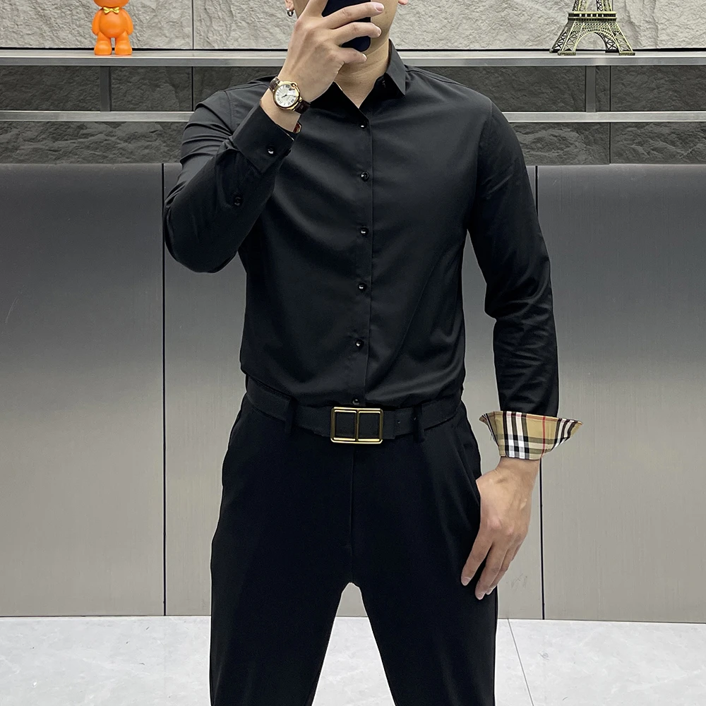 春秋商务休闲长袖衬衫男士修身纯色百搭寸衫竹纤维抗皱正装衬衣