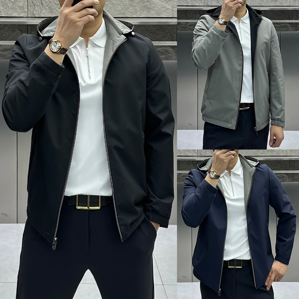 春季新款商务休闲短款夹克男防风百搭纯色可拆卸连帽免烫上衣外套