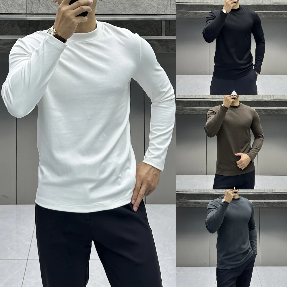春秋新款液氨亲肤棉长袖T恤男士纯色修身百搭休闲舒适弹力打底衫