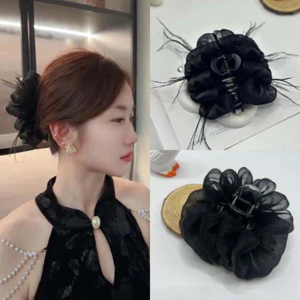 秋冬新款超仙头饰蓬松百搭头饰发夹素款优雅黑色发饰感抓夹发卡