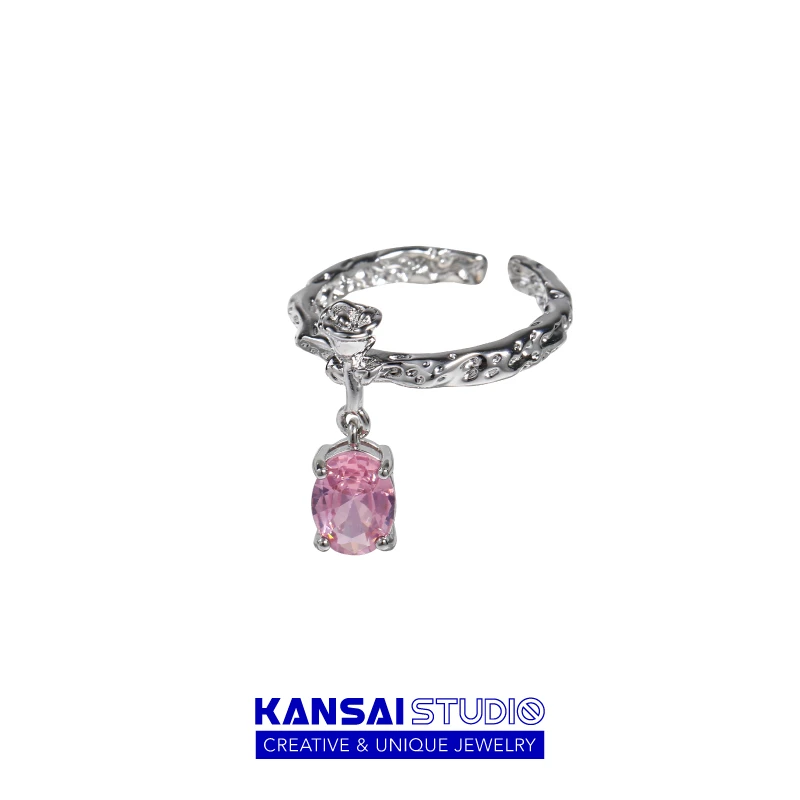 合金戒指 KANSAI粉色玫瑰花戒指小众设计甜酷个性指环高级感尾戒