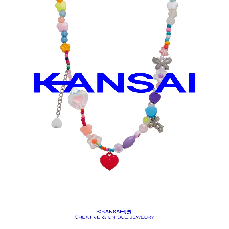 非金属树脂项链 彩色串珠爱心项链女小众甜酷辣妹夏日多巴胺配饰