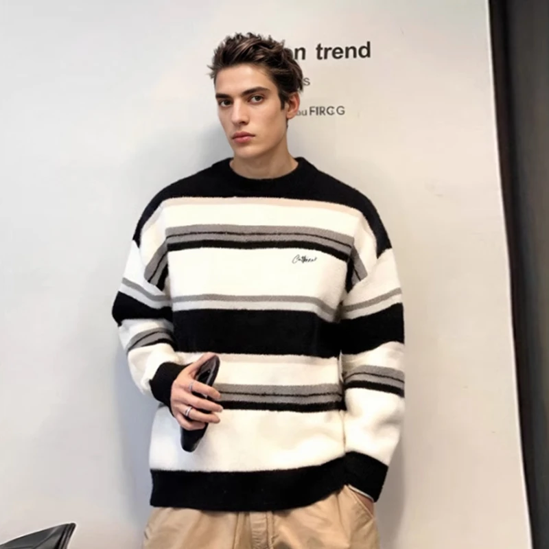 秋冬季上新条纹拼色毛衫黑白撞色休闲宽松时尚圆领长袖毛衣M2005