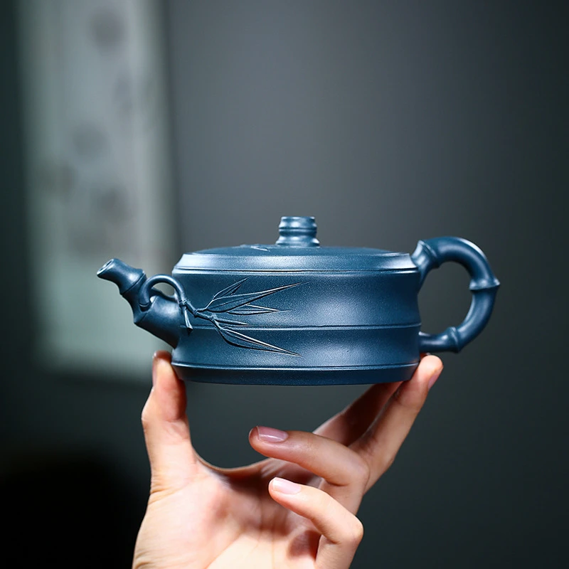 宜兴紫砂壶手工大口扁竹节壶功夫茶具原矿天青泥泥绘竹叶泡茶壶