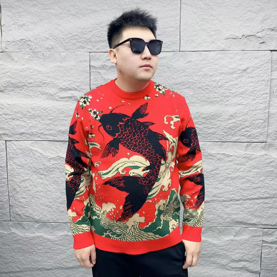 男士冬季针织毛衣时尚休闲圆领加厚保暖长袖打底衫锦鲤提花潮流款