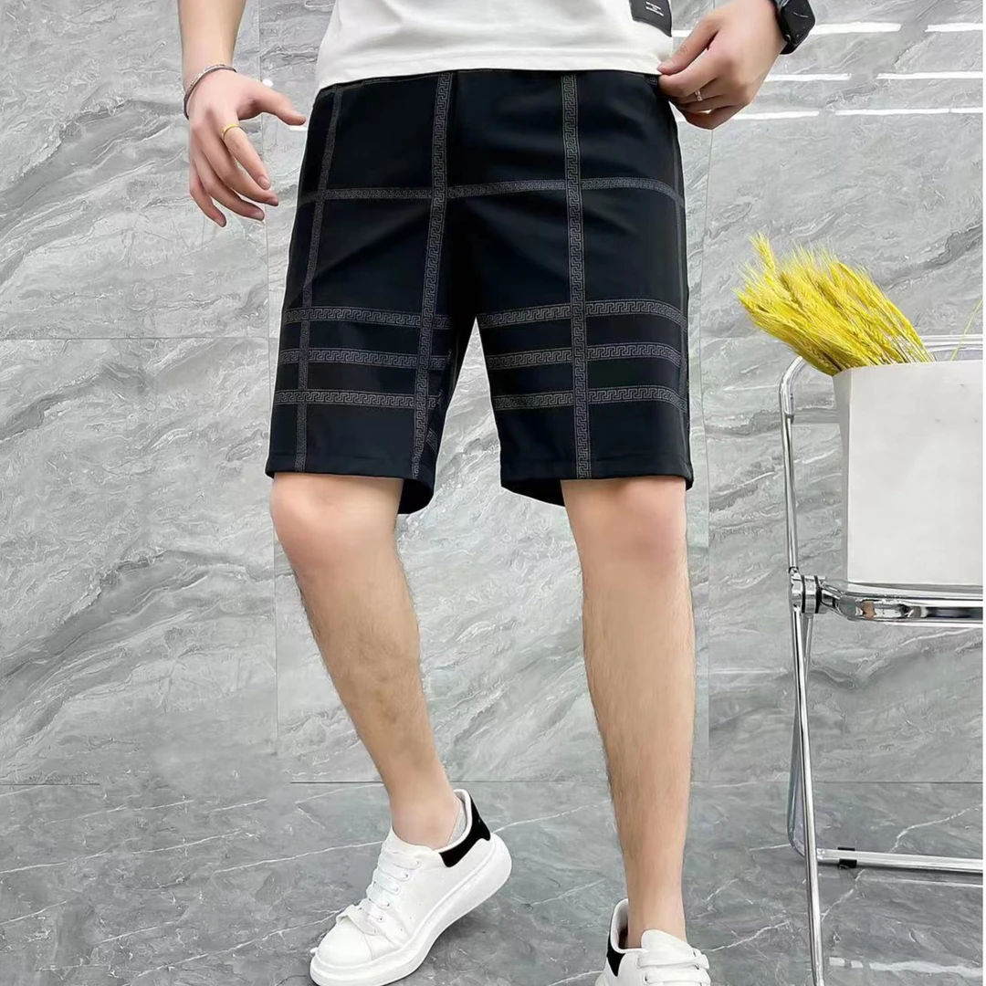 夏季冰丝男士时尚休闲五分短裤宽松高弹百搭舒适经典格子图案1008