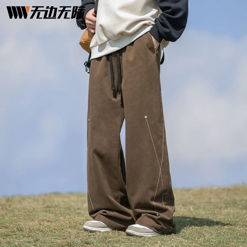 水洗做旧撞色明线休闲裤秋冬款300G质感全棉潮牌宽松工装长裤子