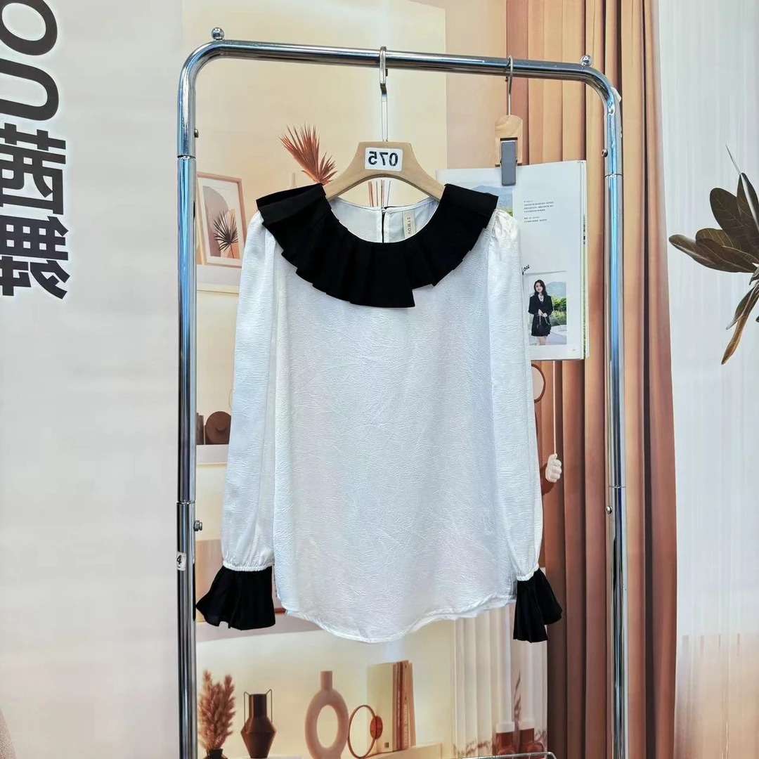 衬衫女士2025时尚百褶拼接领百搭衬衣【321153】