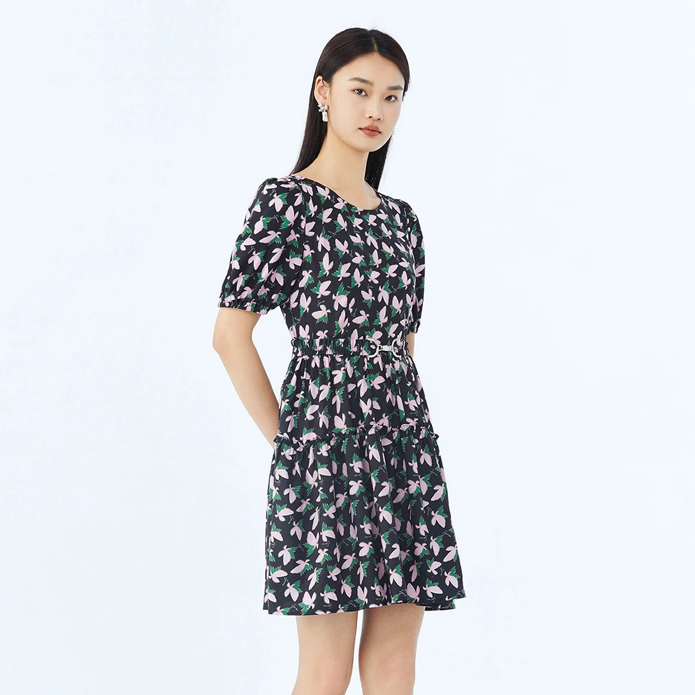 短袖连衣裙女2025时尚碎花印花中长裙【233328】