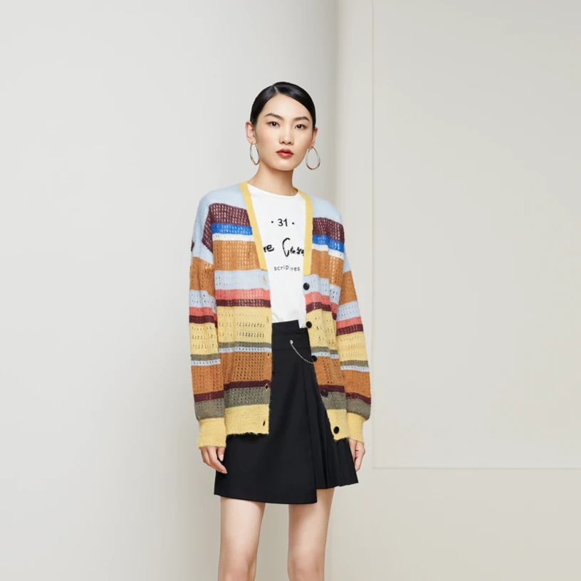 茜舞彩色条纹针织开衫女2024时尚小外套【31F090】