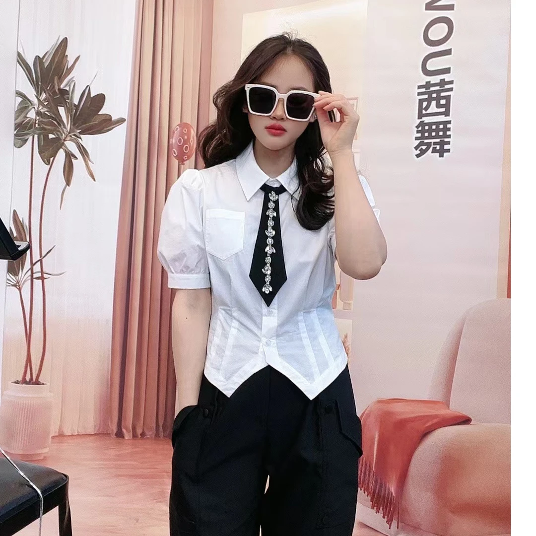 茜舞短袖衬衫女棉2025时尚气质百搭衬衣【22C779】