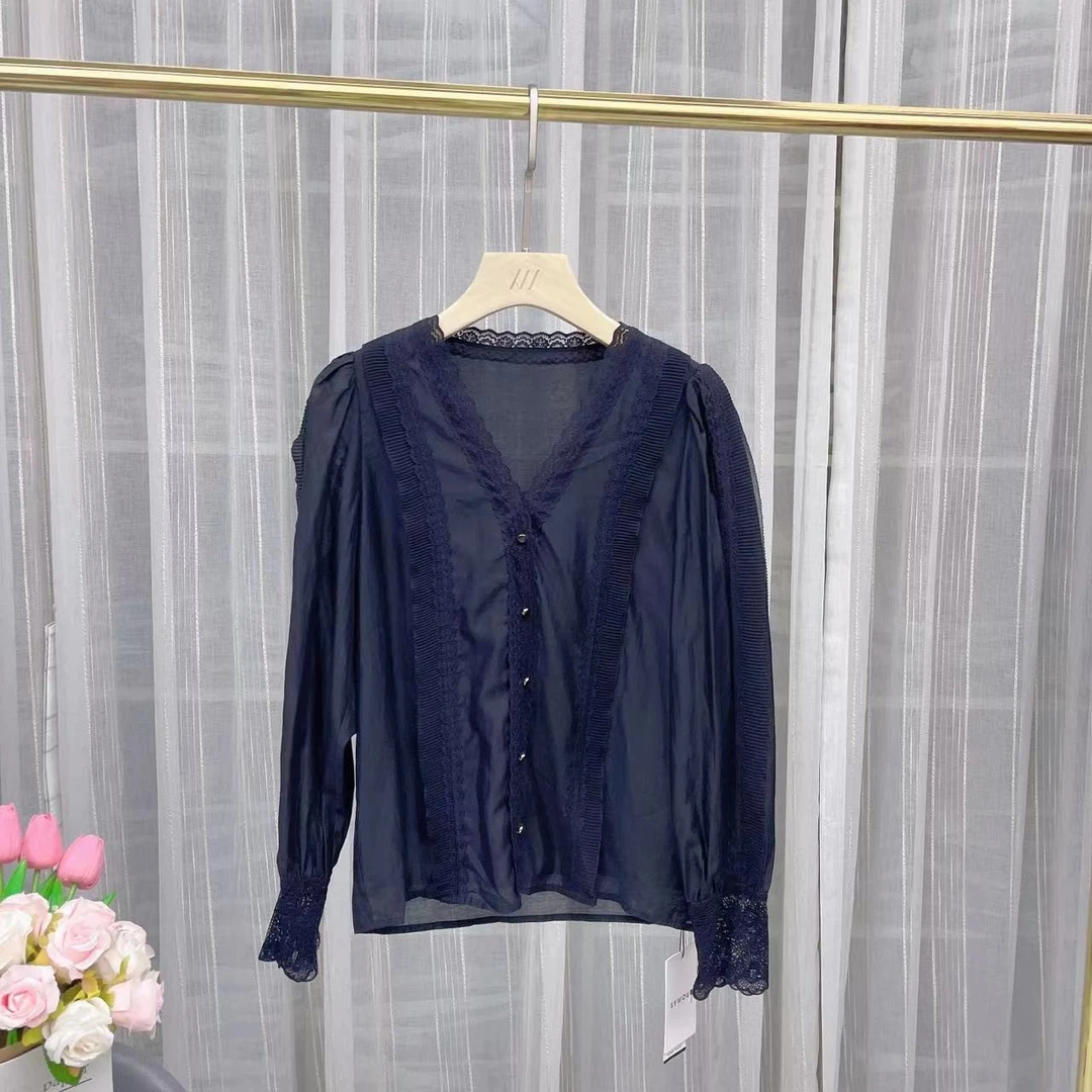 蕾丝花边拼接衬衫女2025V领上衣【121306】