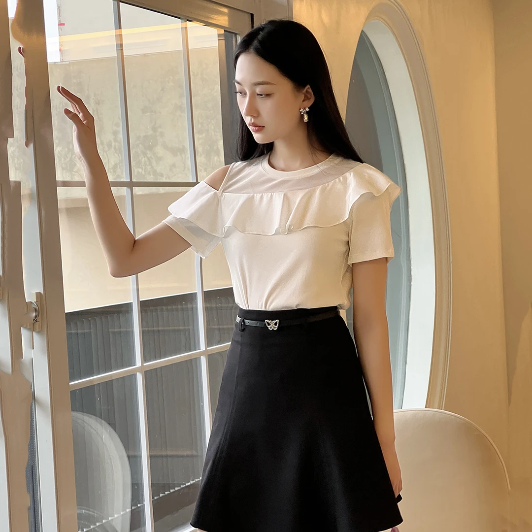 短袖T恤女2025百搭荷叶边气质网纱拼接不规则上衣【23B808】