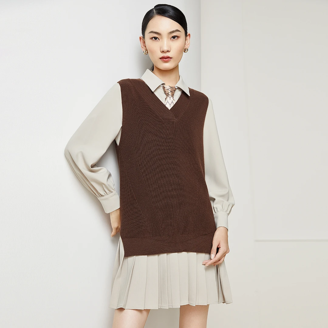 时尚套装女2024无袖针织衫+百褶连衣裙【314621】