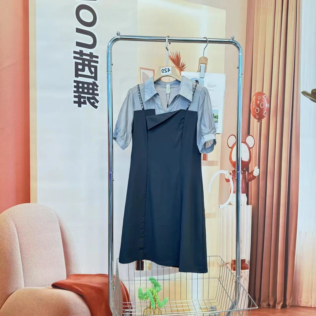 短袖连衣裙女2025时尚撞色拼接中长裙【233688】