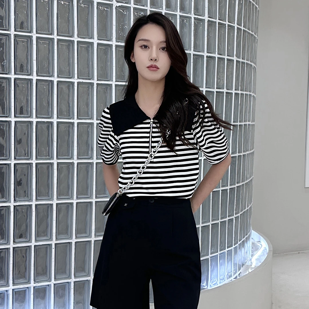 黑白条小衫2025简约横条灯笼袖上衣[23B651]