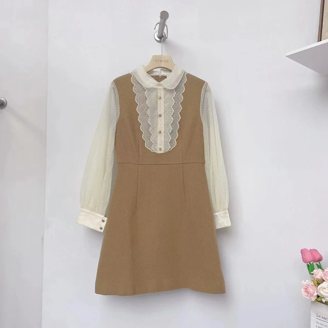 茜舞绵羊毛连衣裙女2025新款网纱拼接中长裙【513278】