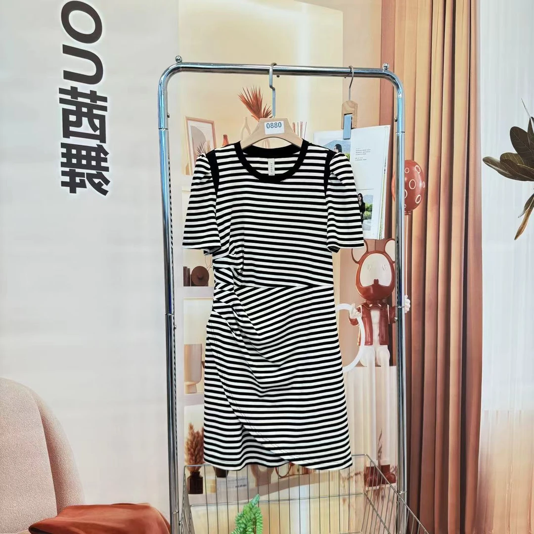 条纹连衣裙棉女士2025时尚显气质黑白短袖中裙【233052】