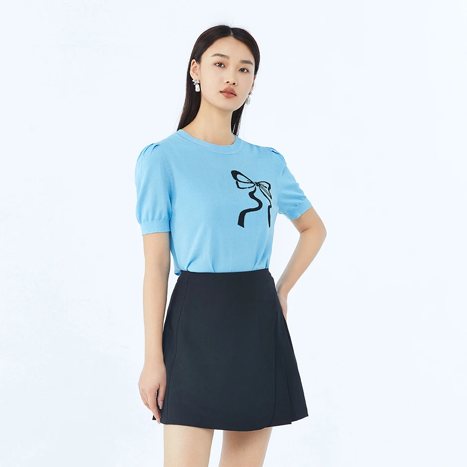 短袖针织衫女2025时尚蝴蝶结图案百搭上衣【23F773】