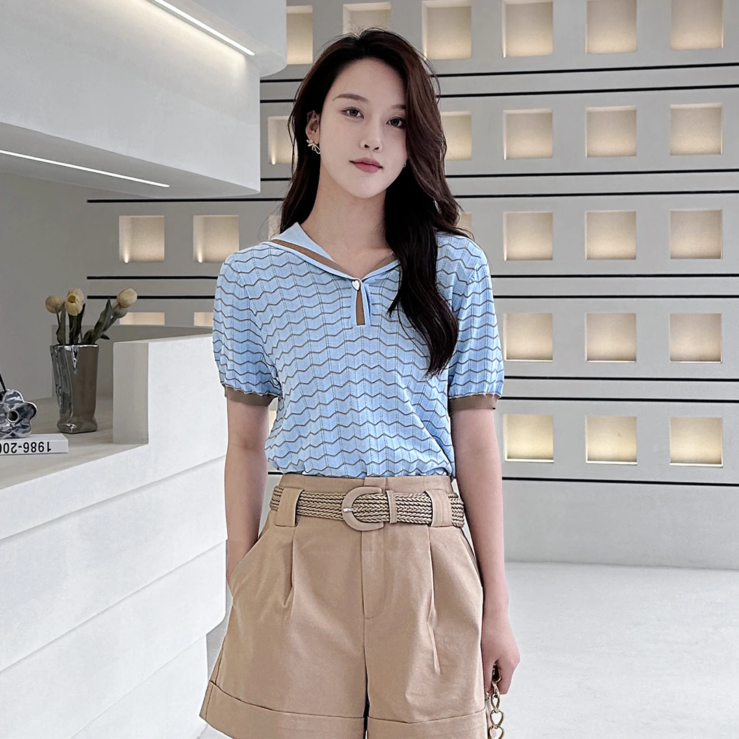 条纹针织衫女2025时尚波浪气质休闲百搭短袖上衣【23F896】