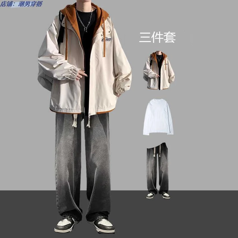 痞帅气连帽夹克假两件外套潮流春秋套装美式潮牌穿搭牛仔裤三件套