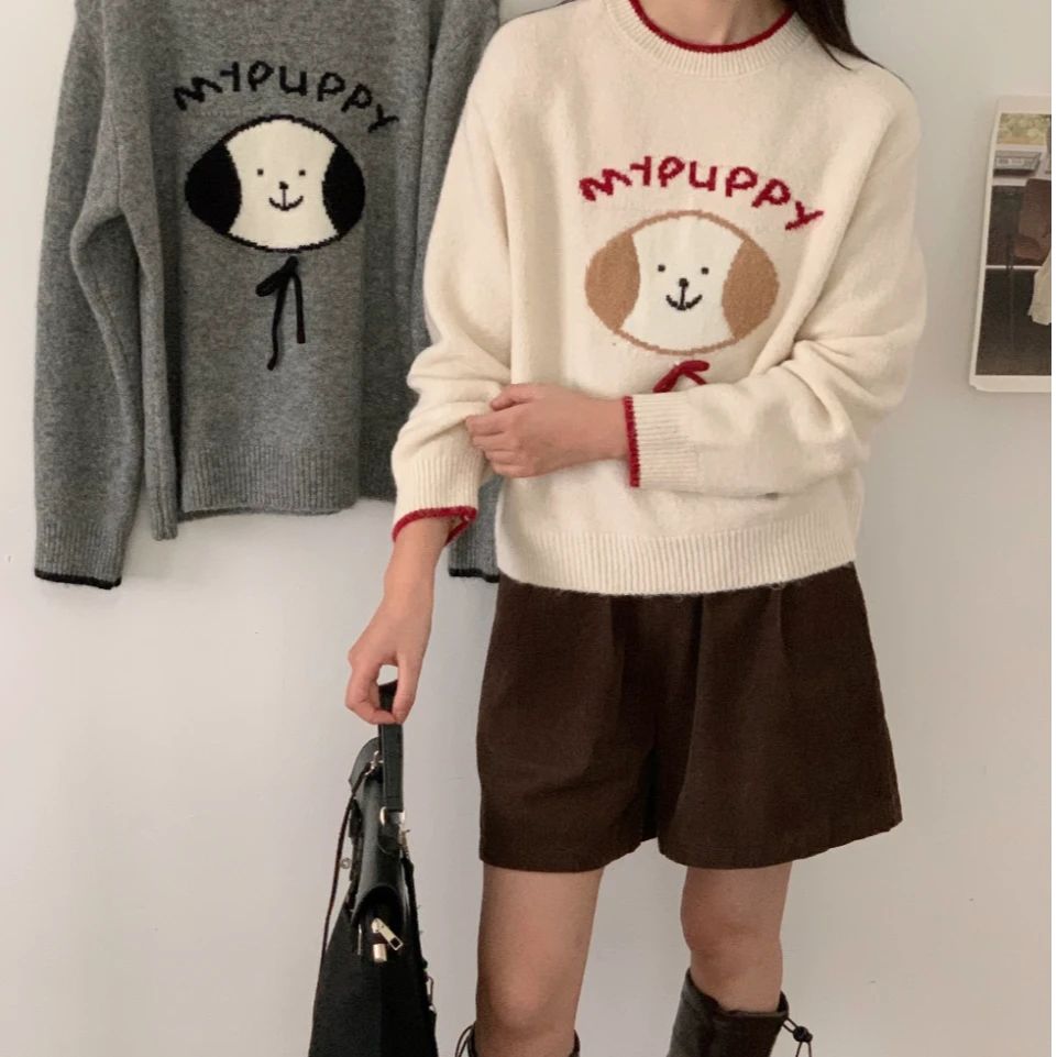 韩系绵羊毛休闲卡通毛衣女长袖可爱针织衫KM019