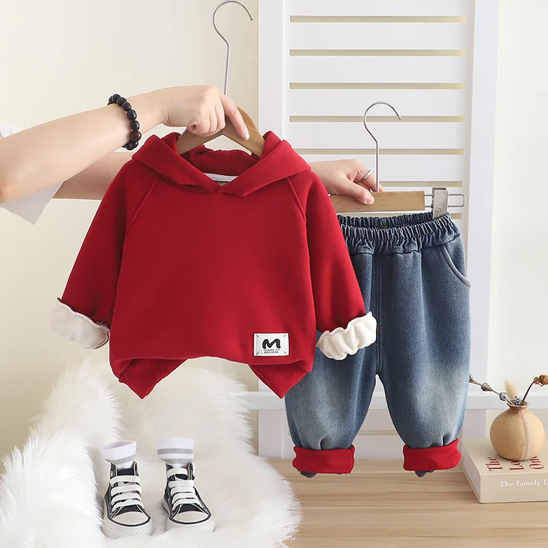 安可拉红男童秋季加绒卫衣套装洋气婴儿童秋装宝宝韩版时尚两件套