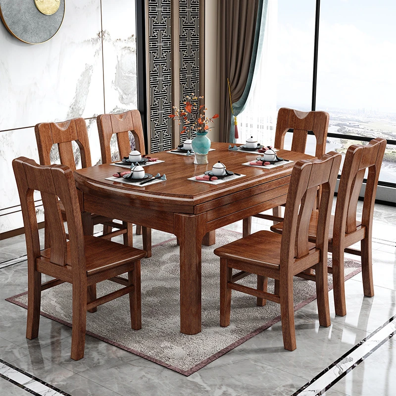 中式胡桃木实木餐桌凳子现代简约家用小户型折叠伸缩方圆两用家具