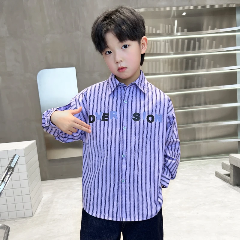 中班仔男童条纹长袖衬衫2025儿童新款秋中大童撞色翻领上衣*35382