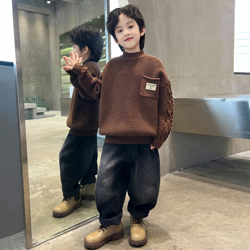 中班仔男童套装秋冬装儿童加厚毛衣加绒牛仔裤两件套冬季*ZH2316