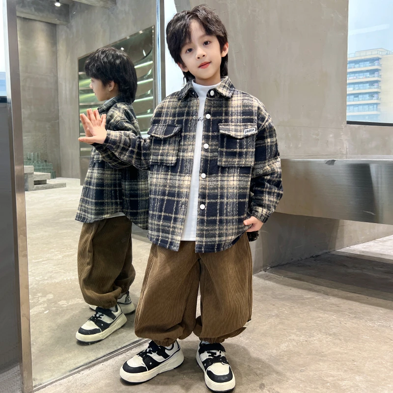 中班仔男童套装冬装2025儿童夹棉加厚格子外套打底衫加绒裤ZH2369