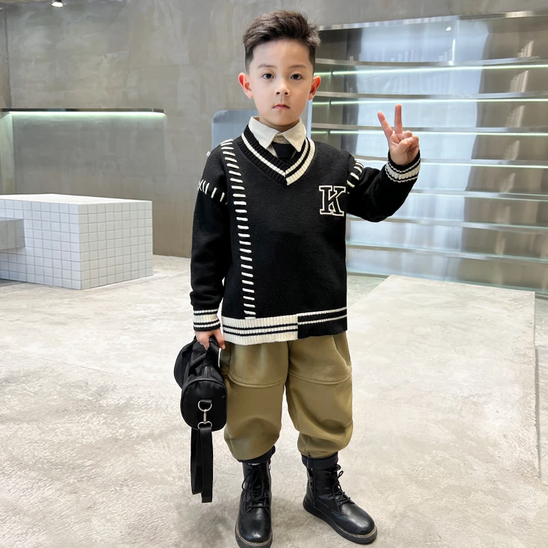 中班仔男童学院风毛衣2025儿童秋冬装休闲裤套装中大潮流*ZH1705