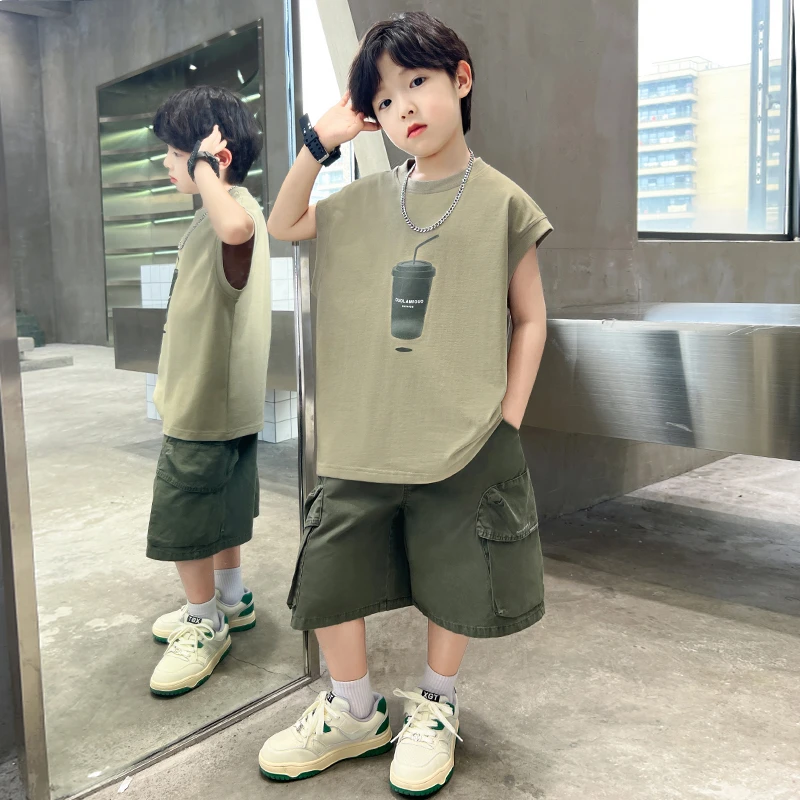中班仔男童套装夏季新款儿童休闲背心五分裤两件套中大童*ZH2081