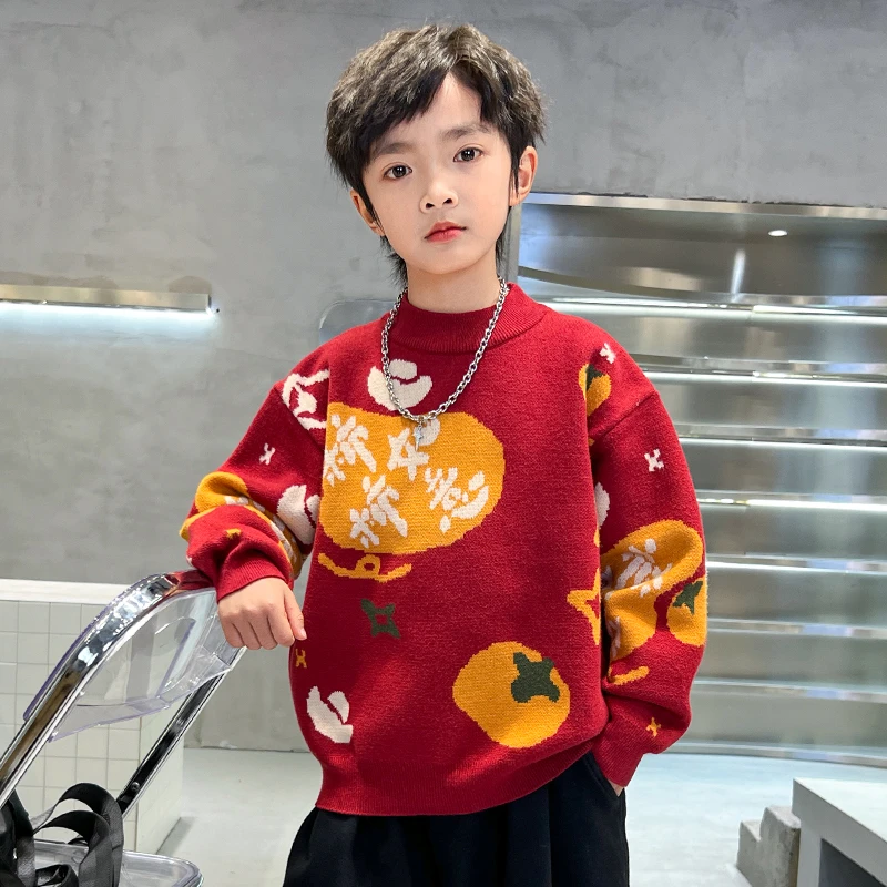 中班仔男童毛衣针织衫红色冬装2025新款儿童上衣潮流帅气*38151