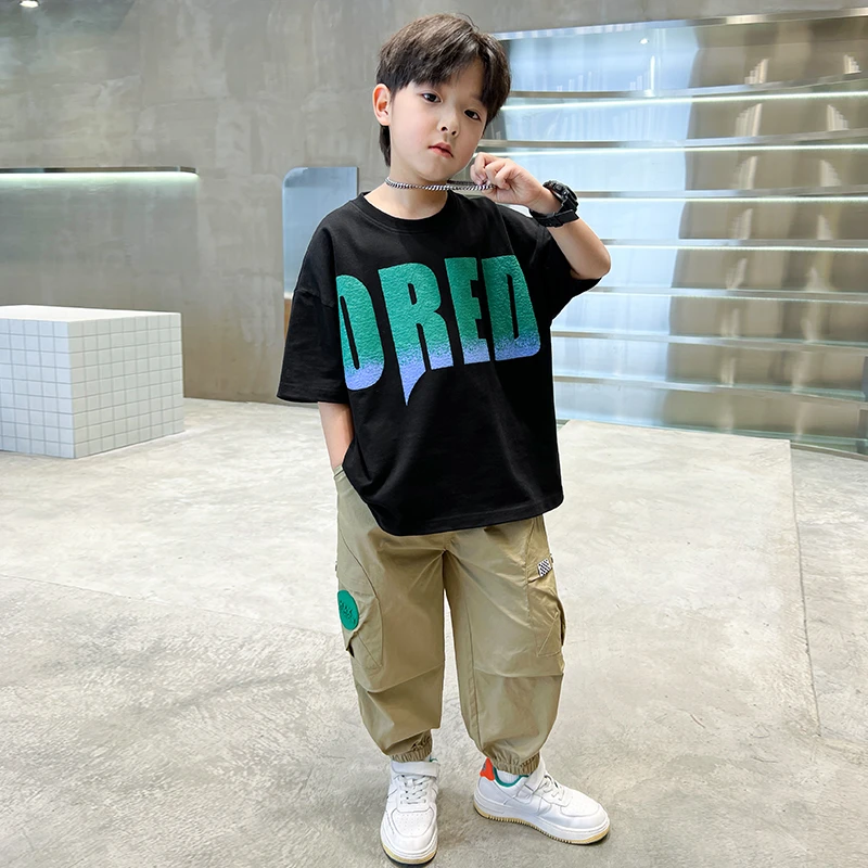 中班仔男童短袖九分裤套装夏季新款印花帅气潮流儿童夏装*ZH1957