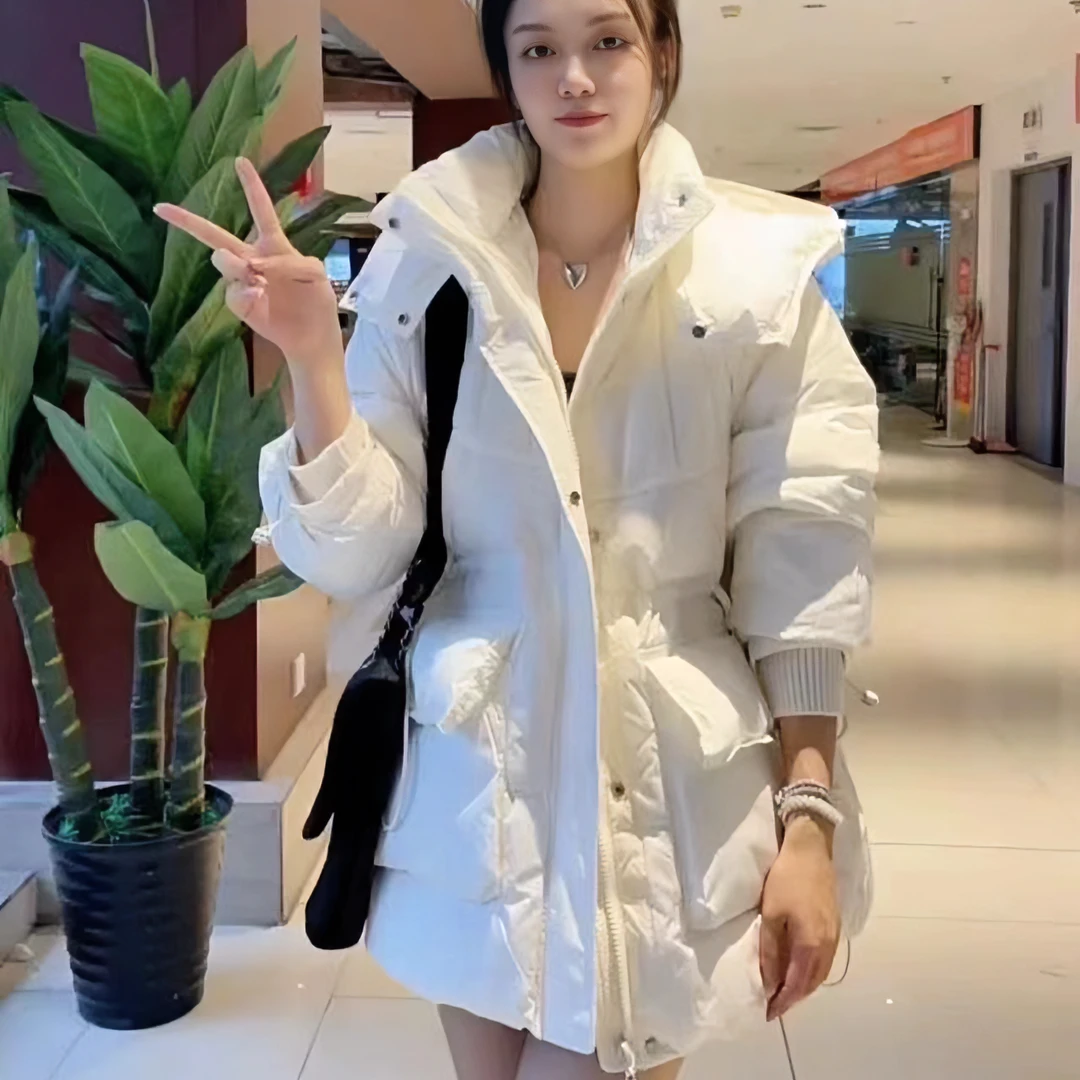 新款白鸭绒羽绒服女中长款2024冬季韩版抽绳收腰显瘦连帽防寒外套