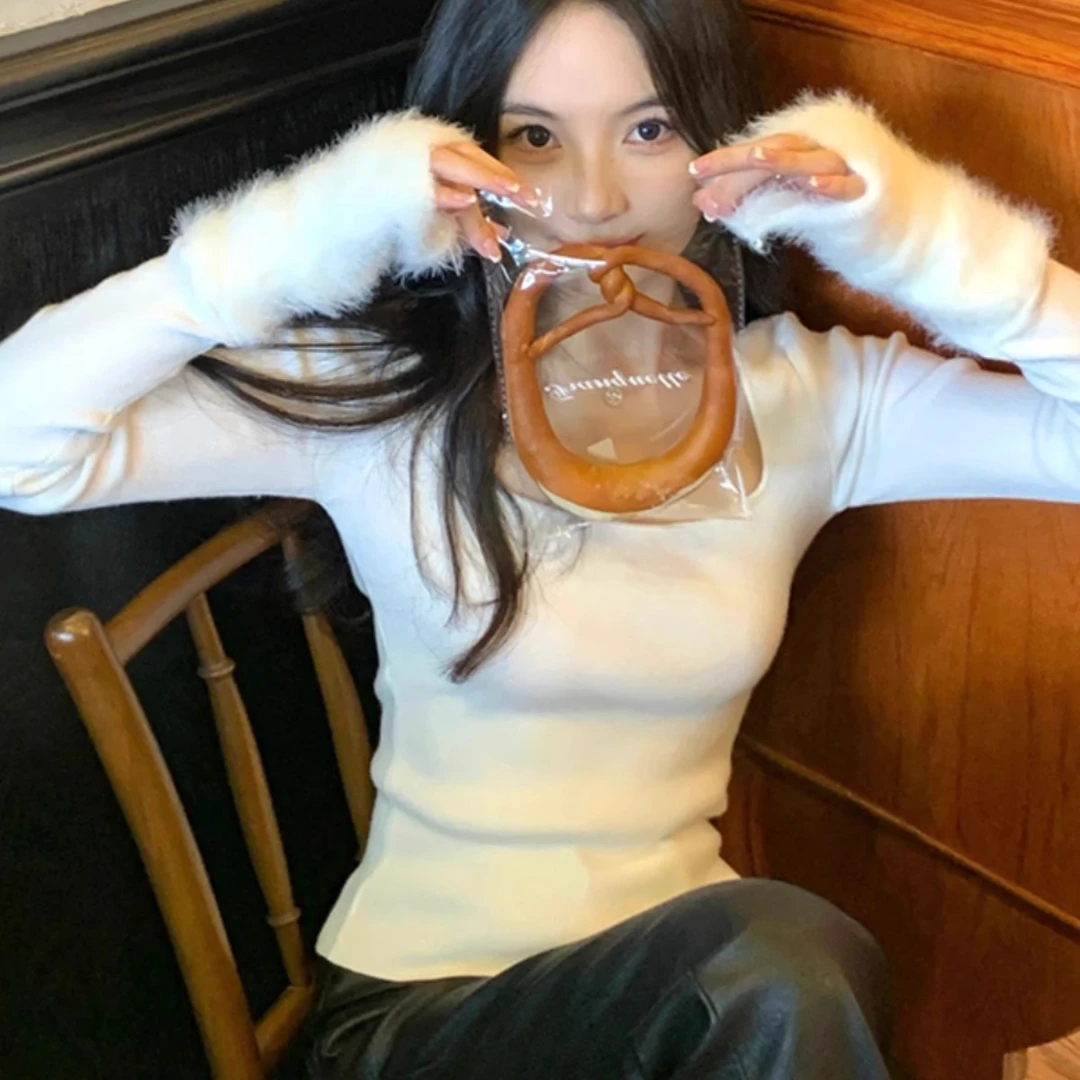 白色方领韩系chic别致上衣针织衫女早秋穿搭修身气质内搭打底衫薄