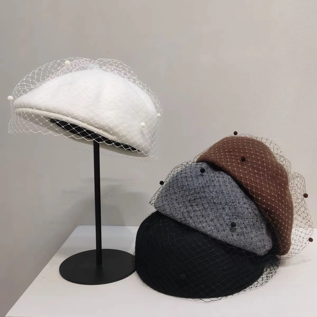 高级定制款羊毛网纱贝雷帽女秋冬加厚时尚优雅显脸小画家帽保暖帽