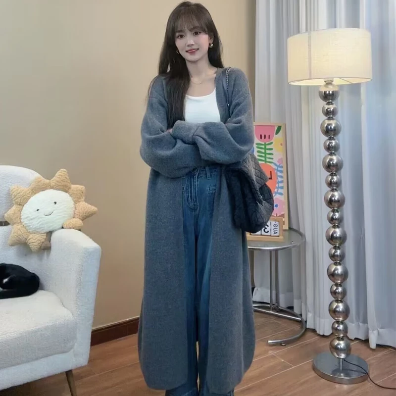 慵懒感小香风过膝中长款针织开衫女宽松甜美软糯温柔纯色毛衣外套