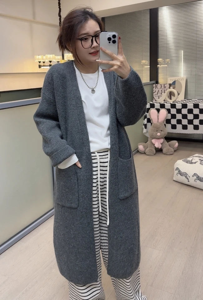 【南新专属】新款秋冬韩版宽松慵懒风中长款带口袋针织女开衫外套