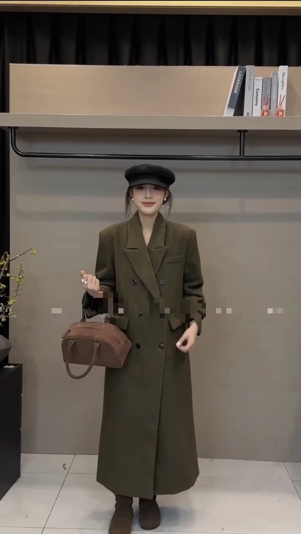 2024冬季优雅复古长款宽松翻领双排扣呢大衣西装长外套