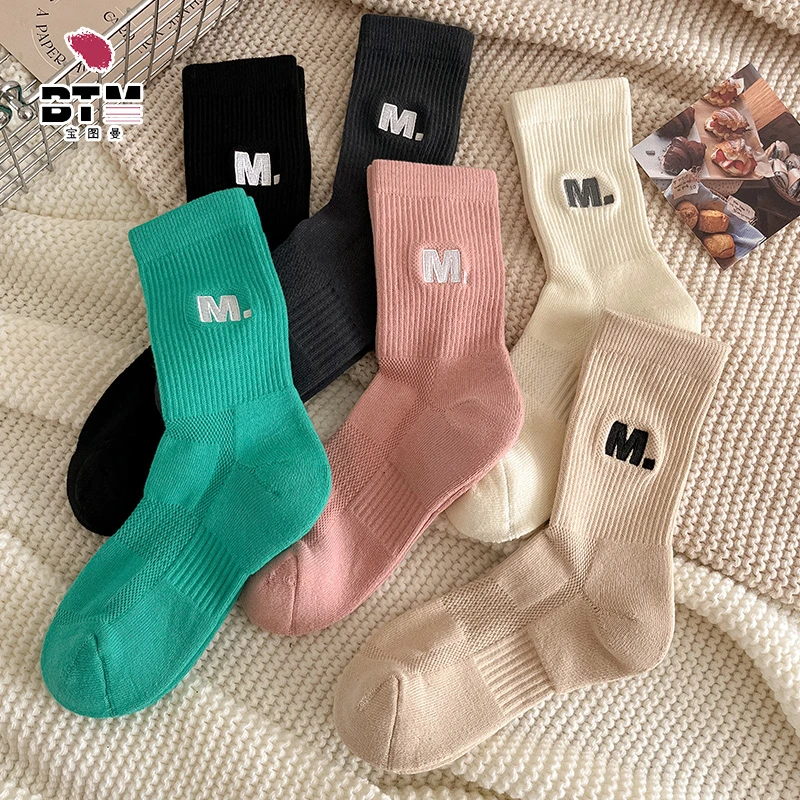 宝图曼4双装中筒长筒袜女士加厚保暖运动毛巾底刺绣透气情侣潮流